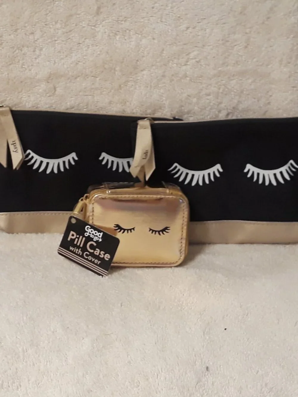 Glam Cosmetic Travel Set 4Pc Ipsy Black/Gold Makeup Pouches + NWT Pill Orgz+Case